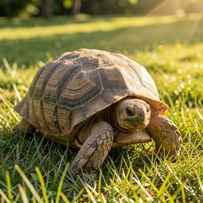 a tortoise on grass in the sun