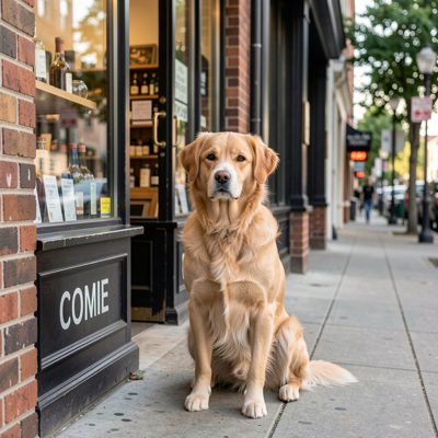 a dog waiting patiently outside a shop
