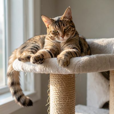 a cat stretching on a scratching post
