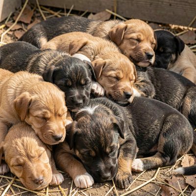 a litter of puppies asleep in a pile