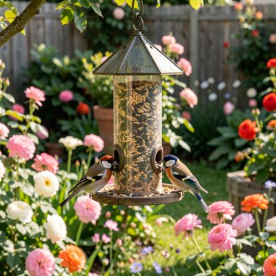 a bird feeder with finches in a garden