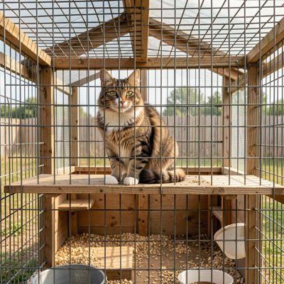 a cattery pen with a cat on a shelf