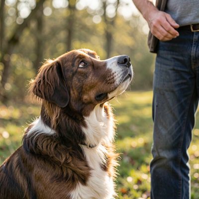 a sheepdog looking up at its handler