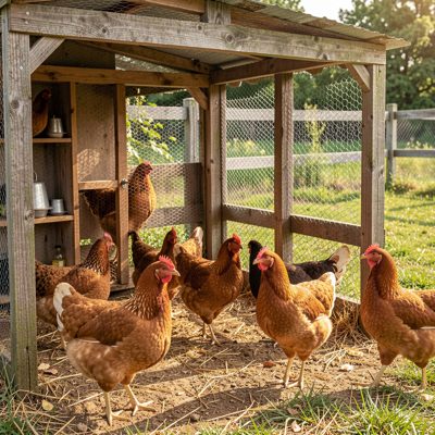 a chicken coop with hens in the run