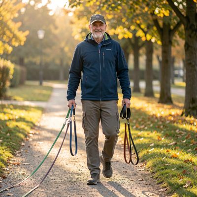 a dog walker with several leads in hand