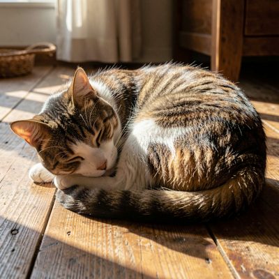 a cat curled in a sunbeam on a wooden floor