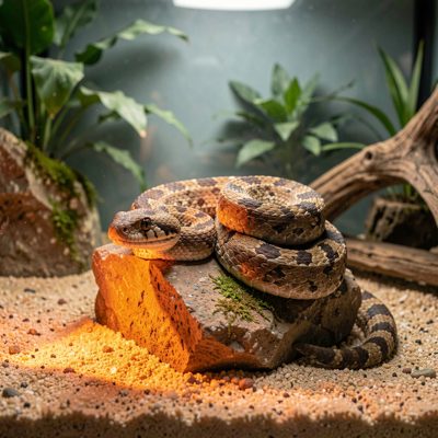 a snake coiled on a warm rock in a vivarium