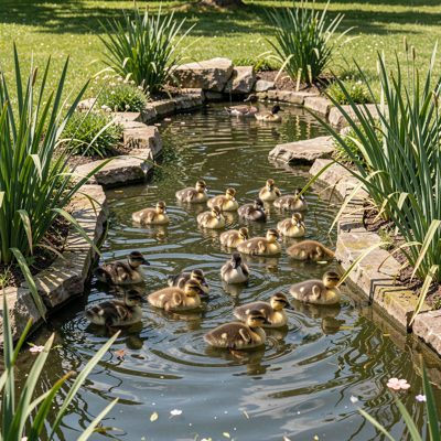 a duck pond with ducklings following