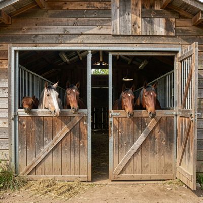 a stable with horses looking over the doors