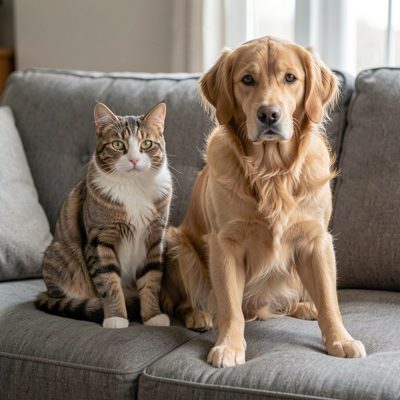 a cat and a dog sitting together on a sofa