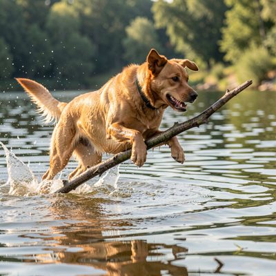 a dog leaping into a lake after a stick