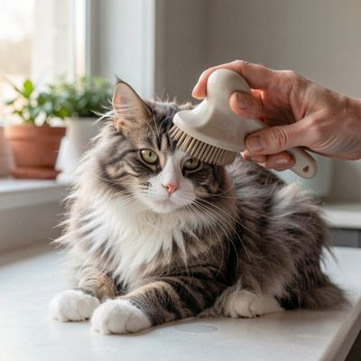 a fluffy cat being brushed by an owner