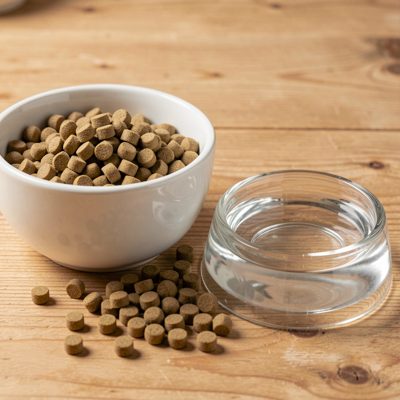 a bowl of dry pet food beside a water dish