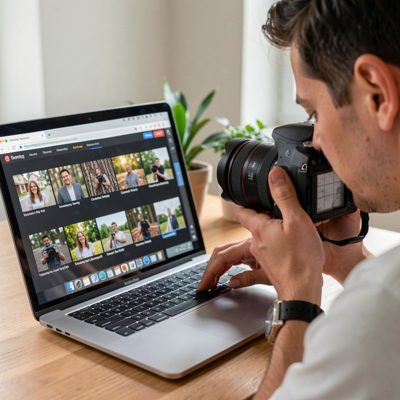 a photographer reviewing shots on a laptop