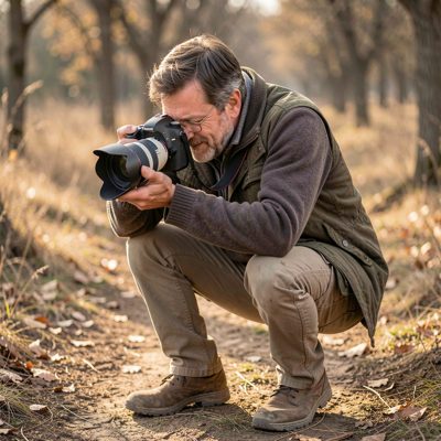 a photographer crouching to frame a shot