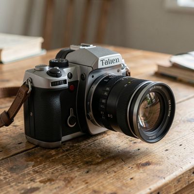 a film camera on a wooden table