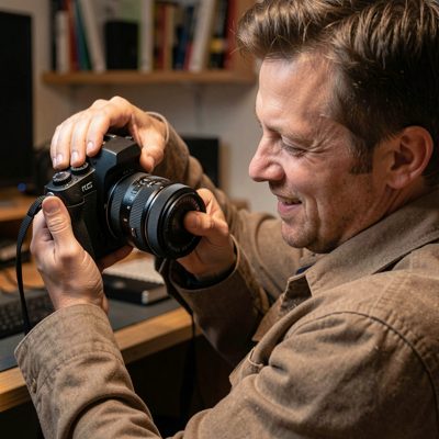a photographer changing settings on a dial