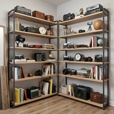 a studio corner with props on shelves