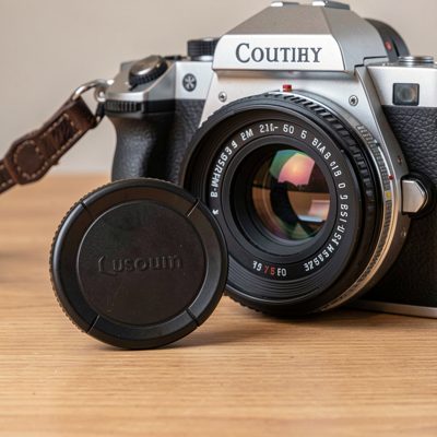 a lens cap resting beside a camera