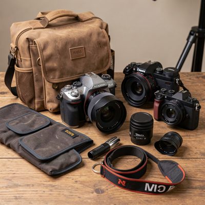 a photographer's kit laid out before a shoot