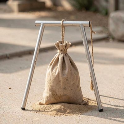 a light stand being weighted with a sandbag