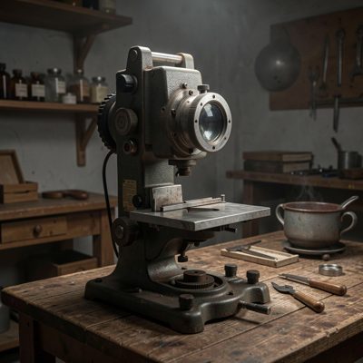 an old enlarger in a dim darkroom