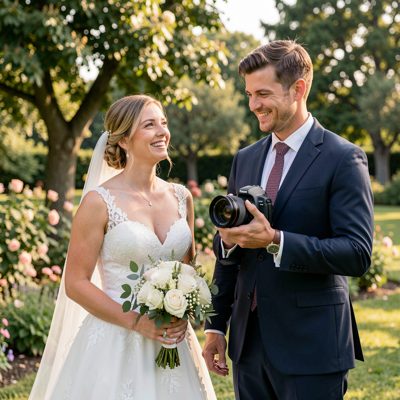 a photographer shooting a bride and groom outdoors
