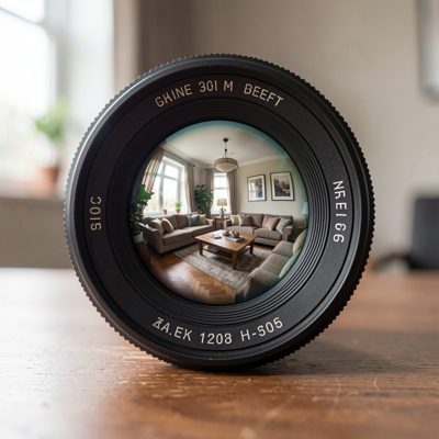 a lens front element reflecting a room