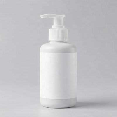 a white plastic pump bottle with a blank white label on a pale grey background