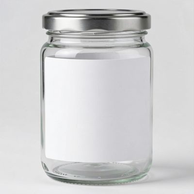 a clear glass jar with a metal lid and a blank white label