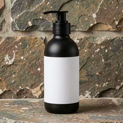a matte black pump bottle with a blank white label on a stone surface
