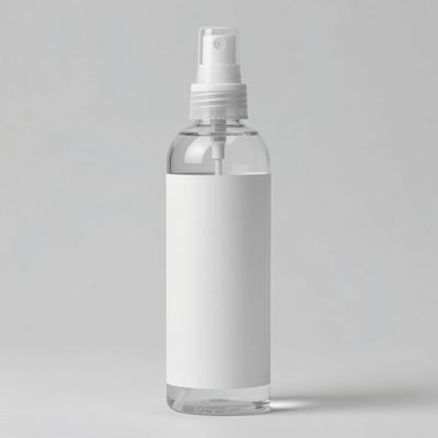 a tall spray bottle with a blank unprinted white label on a plain background