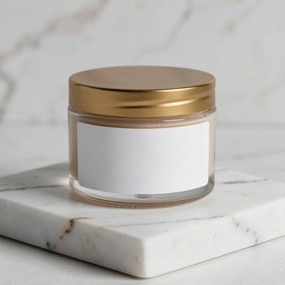 a squat cosmetic jar with a blank white label on a marble slab