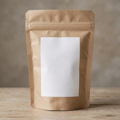 a kraft paper pouch with a blank white label