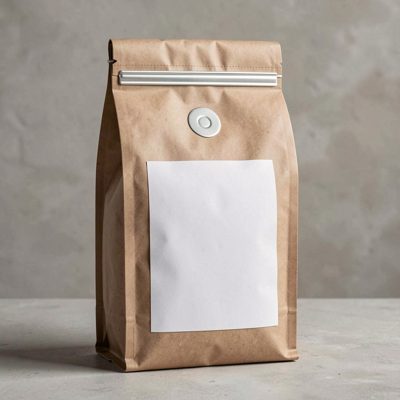 a coffee bag with a tin tie top and a blank white label