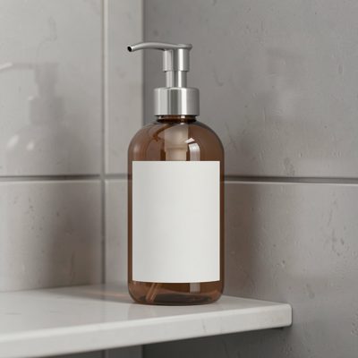 a soap dispenser with a blank white label on a bathroom shelf