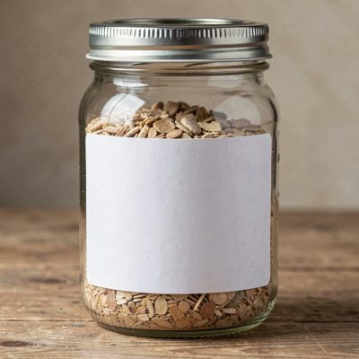a mason jar with a ring lid and a blank white label