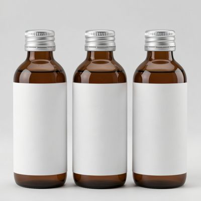 a row of three identical bottles with blank unprinted white labels