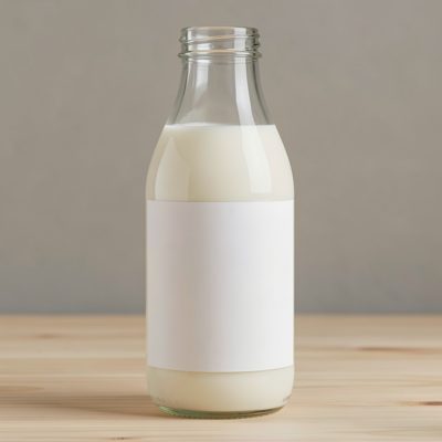 a glass milk bottle with a blank white label