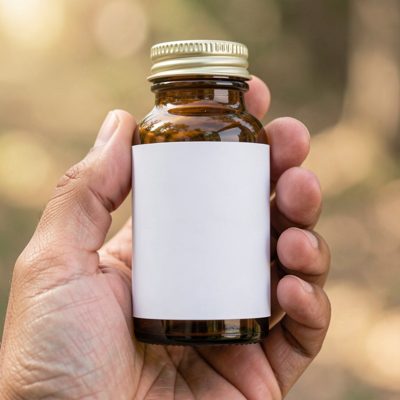 a travel size bottle with a blank white label held in a hand