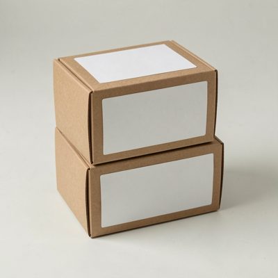 two stacked boxes with blank white labels on a plain surface