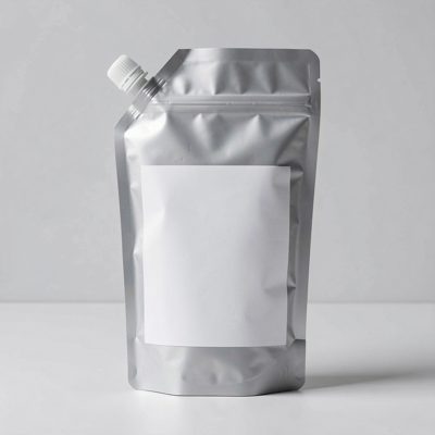 a stand up pouch with a spout cap and a blank white label