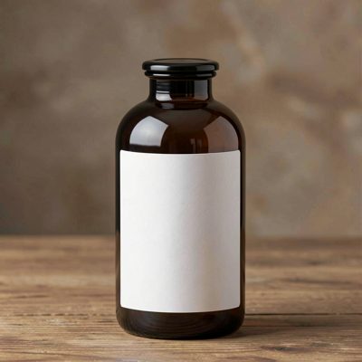 a dark glass apothecary bottle with a blank unprinted white label