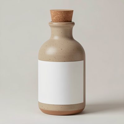 a ceramic bottle with a cork stopper and a blank white label