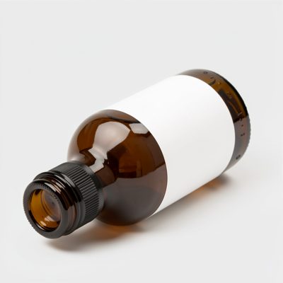 a bottle lying on its side with a blank unprinted white label