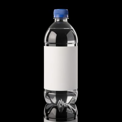 a plastic bottle on a reflective black surface with a blank white label