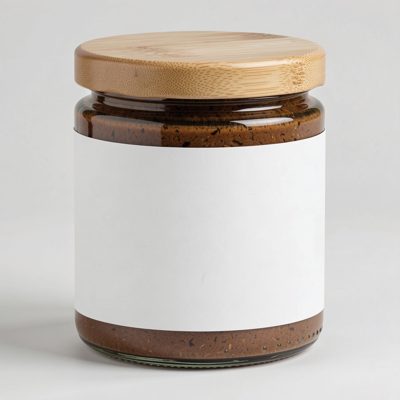 a jar with a bamboo lid and a blank unprinted white label