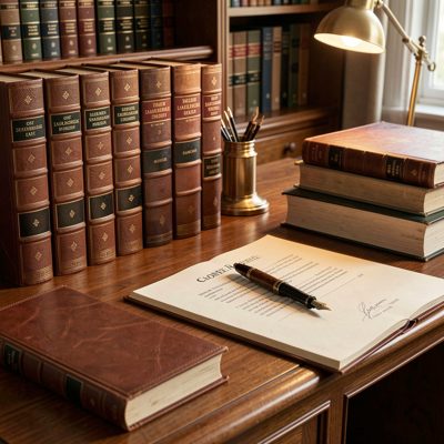 a lawyer's desk with law books and a fountain pen