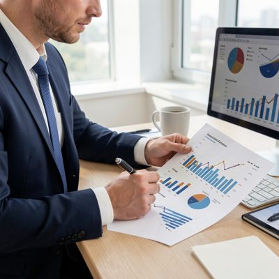 an accountant reviewing printed financial charts