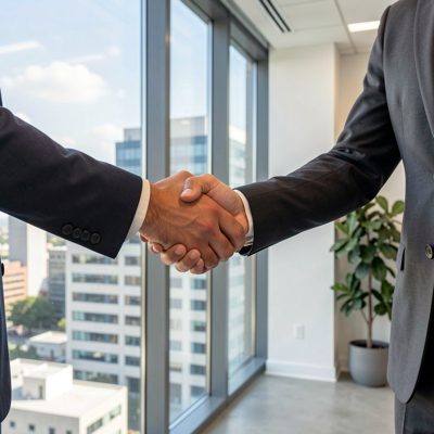 a handshake in front of a modern office window